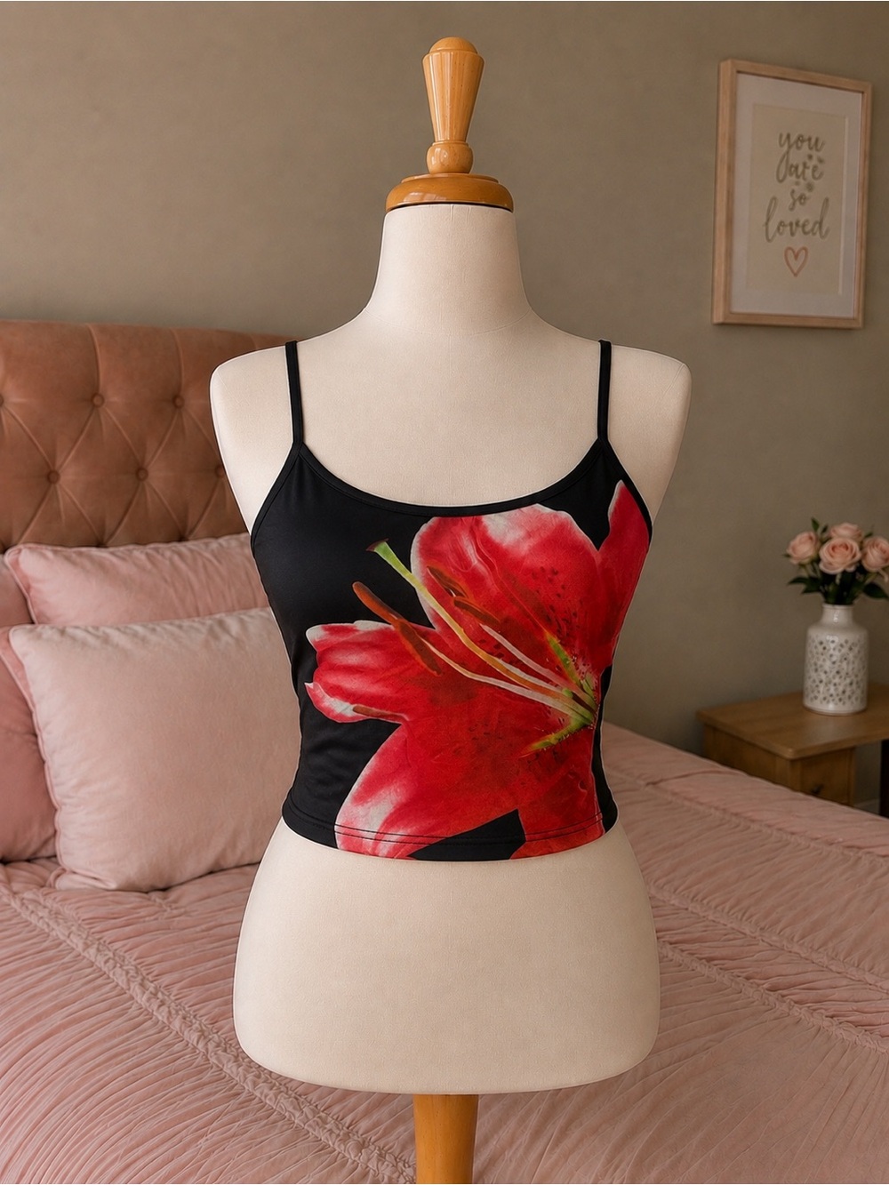 SHEIN Black Crop Cami Top with Red Floral Print